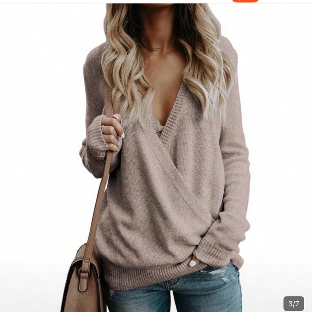 SHEIN Women’s Taupe Wrap Front Low V-Neck Sweater sz L - NWOT